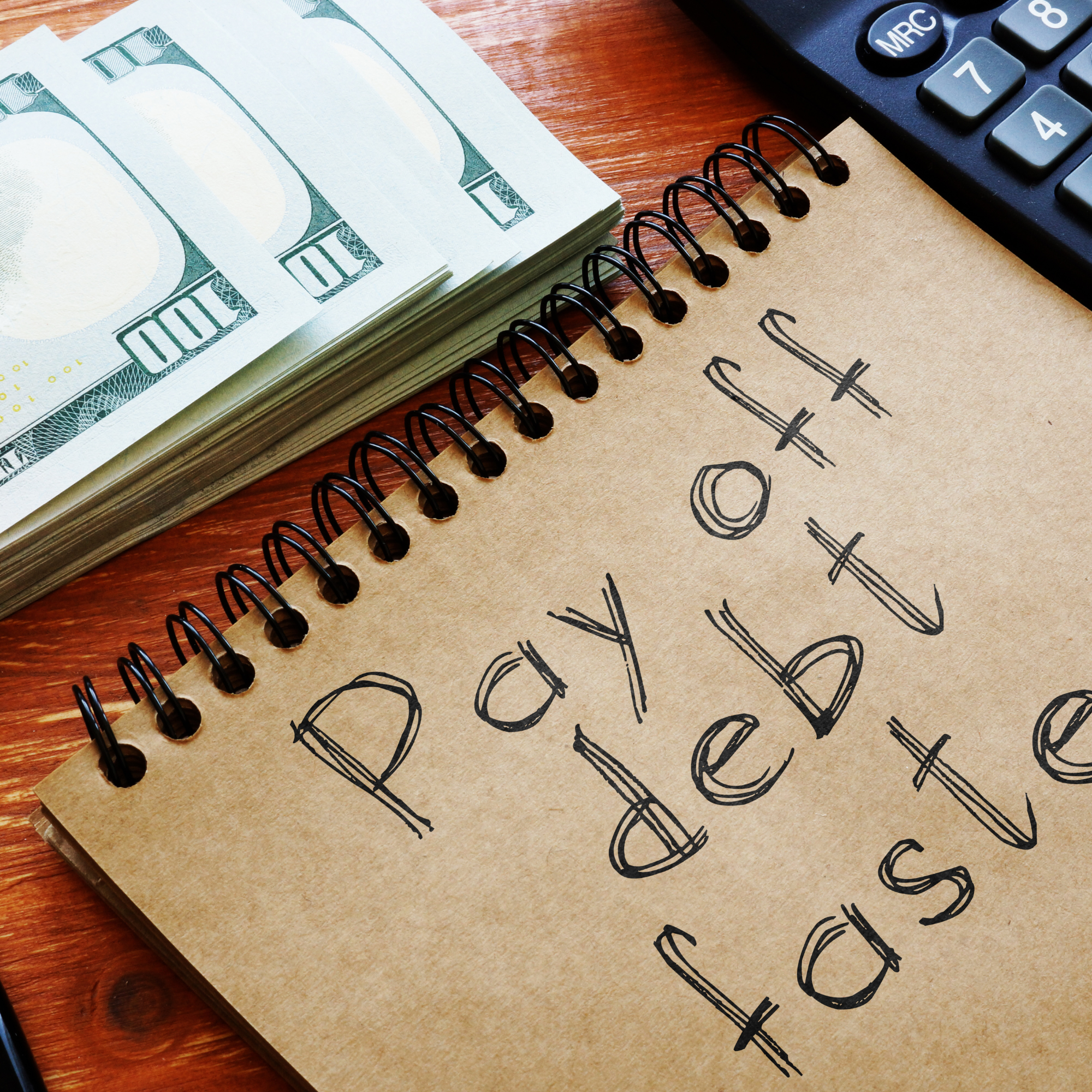 Stack of ten dollar bills, a spiral notepad, and a calculator on a wooden surface.