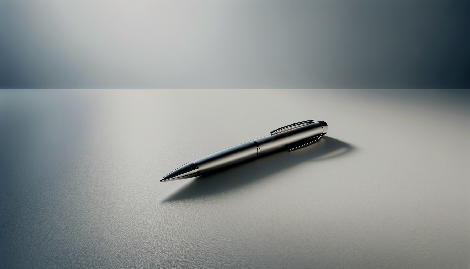 A black retractable ballpoint pen lying on a white surface with soft shadows.