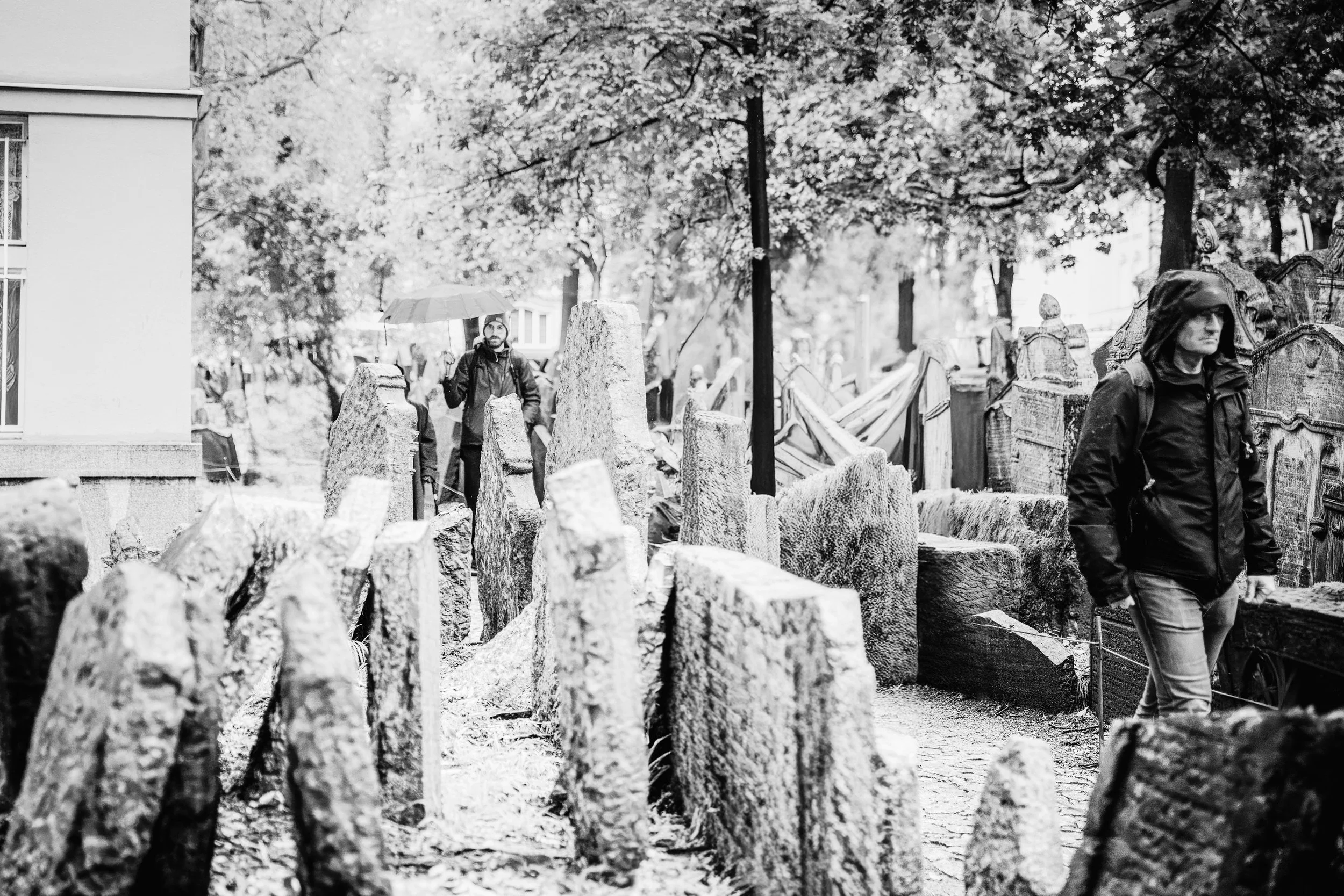 A quiet, monochrome study of historical stone markers in Prague. The soft light and orderly vertical lines provide a sense of timelessness and peaceful reflection for restorative interiors.