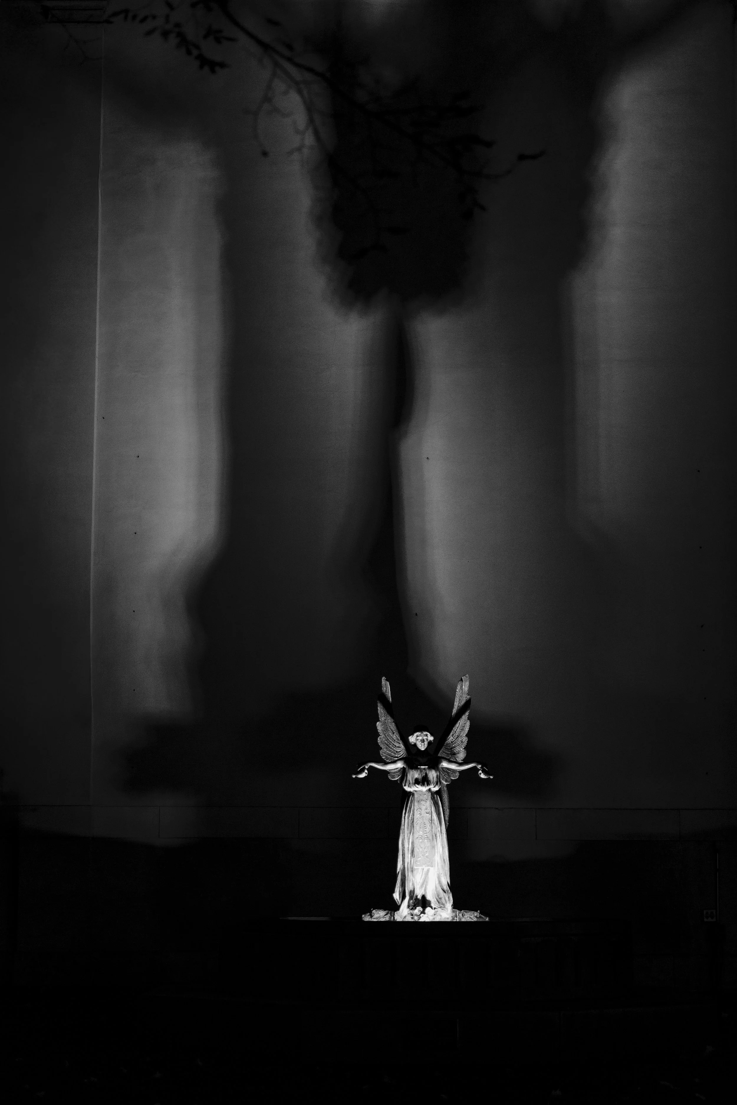 Monochrome study of a stone angel at Missouri Botanical Garden, emphasizing rhythmic light and shadow.