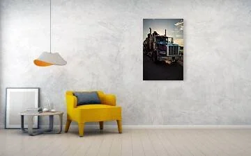 Between the Stacks – fine art photograph of a backlit Peterbilt tanker truck at sunset with the sun framed between its twin exhaust stacks