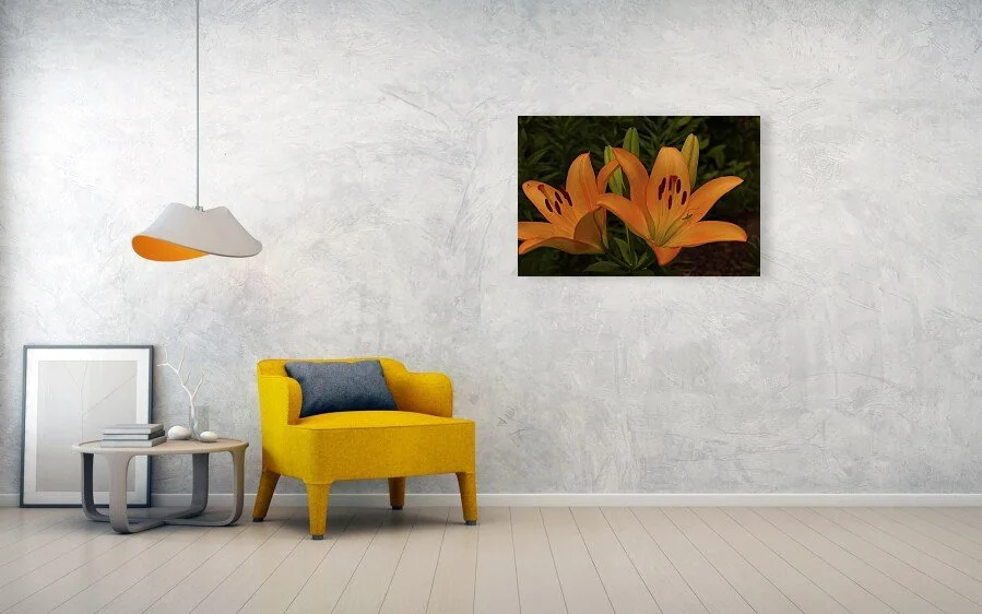 Tenants of the Lily fine art print displayed above a yellow chair and small table