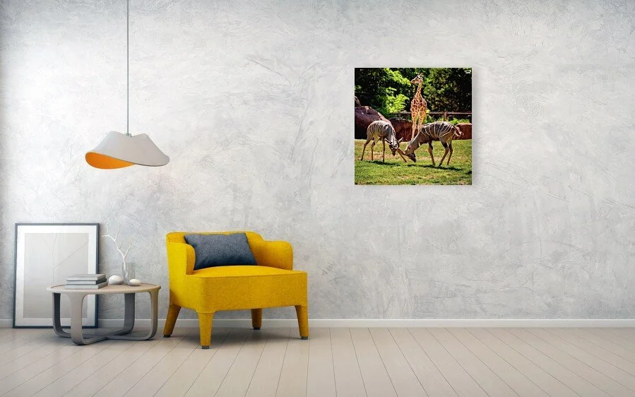 Brothers fine art print displayed above a yellow chair and small table