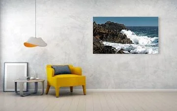 Salt and Stone, Aruba (Panorama) fine art print displayed above a yellow chair and small table