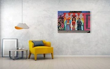 Mural of three standing figures in embroidered dress before horizontal rainbow bands and stepped pale-blue motifs on a wall in St. Louis, the center figure balancing a bowl on her head