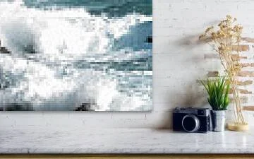 Salt and Stone, Aruba (Panorama), close-up detail of the fine art print above a marble ledge with a camera and a plant