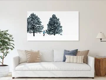 The Long Way Home – fine art photograph of a snowshoer walking between two frost-covered pine trees in a high-key Colorado winter landscape