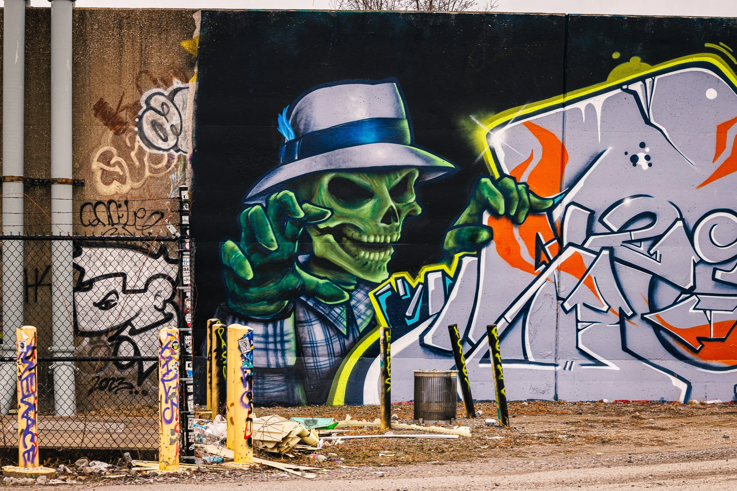 Graffiti mural of a green skeleton wearing a white hat and plaid shirt, with a background of abstract graffiti art on a wall. There are parking bollards and a chain-link fence in the foreground.