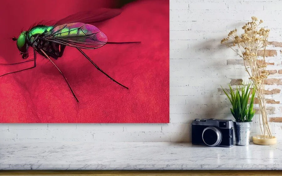 Small Green Flame (Panorama), close-up detail of the fine art print above a marble ledge with a camera and a plant