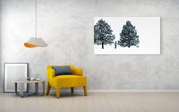 The Long Way Home – fine art photograph of a snowshoer walking between two frost-covered pine trees in a high-key Colorado winter landscape
