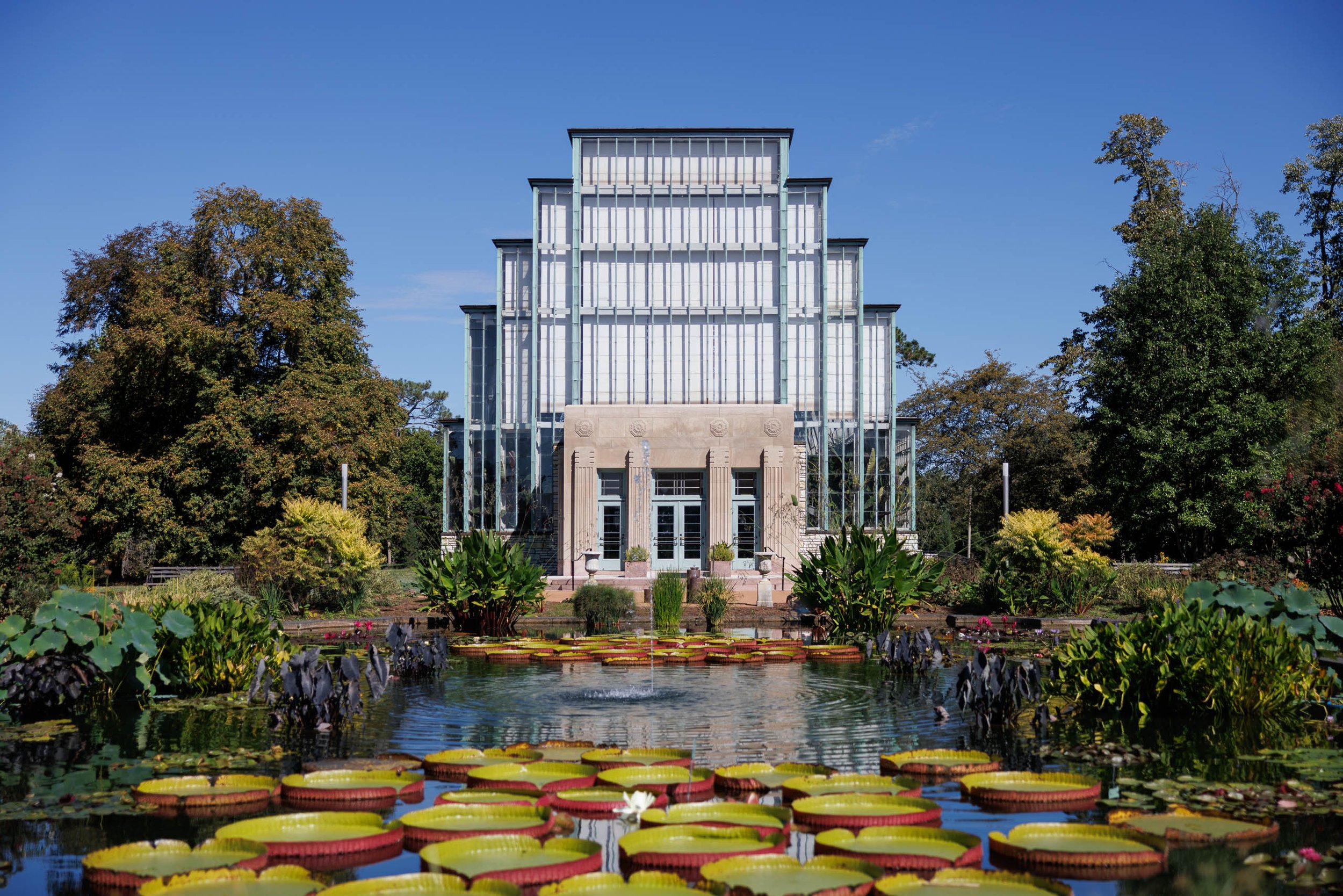 The Jewel Box glass conservatory in Forest Park, St. Louis, beneath a blue sky, framed by green trees above a fountain and pond of red-rimmed lily pads.