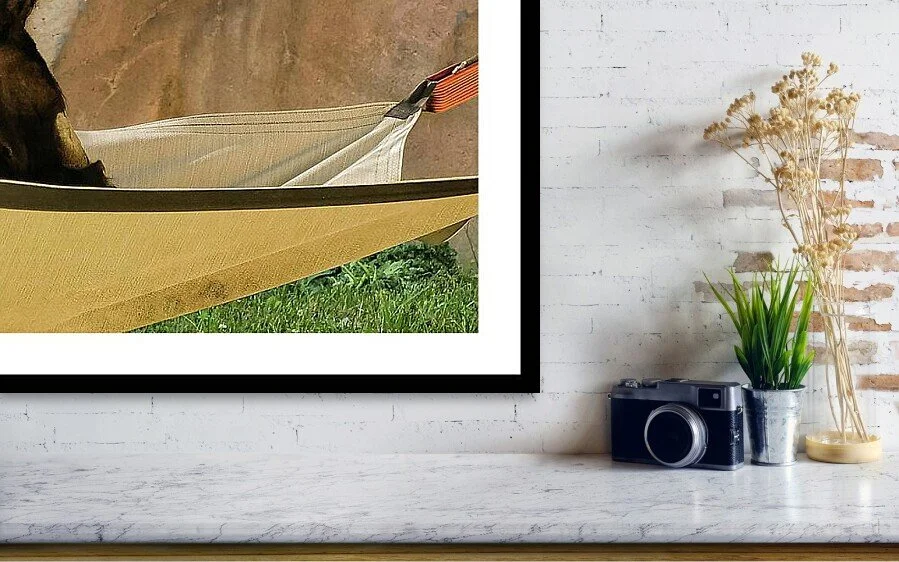 Small Hands, close-up detail of the fine art print above a marble ledge with a camera and a plant