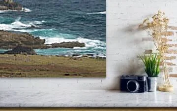 Where the Trade Winds Break, close-up detail of the fine art print above a marble ledge with a camera and a plant