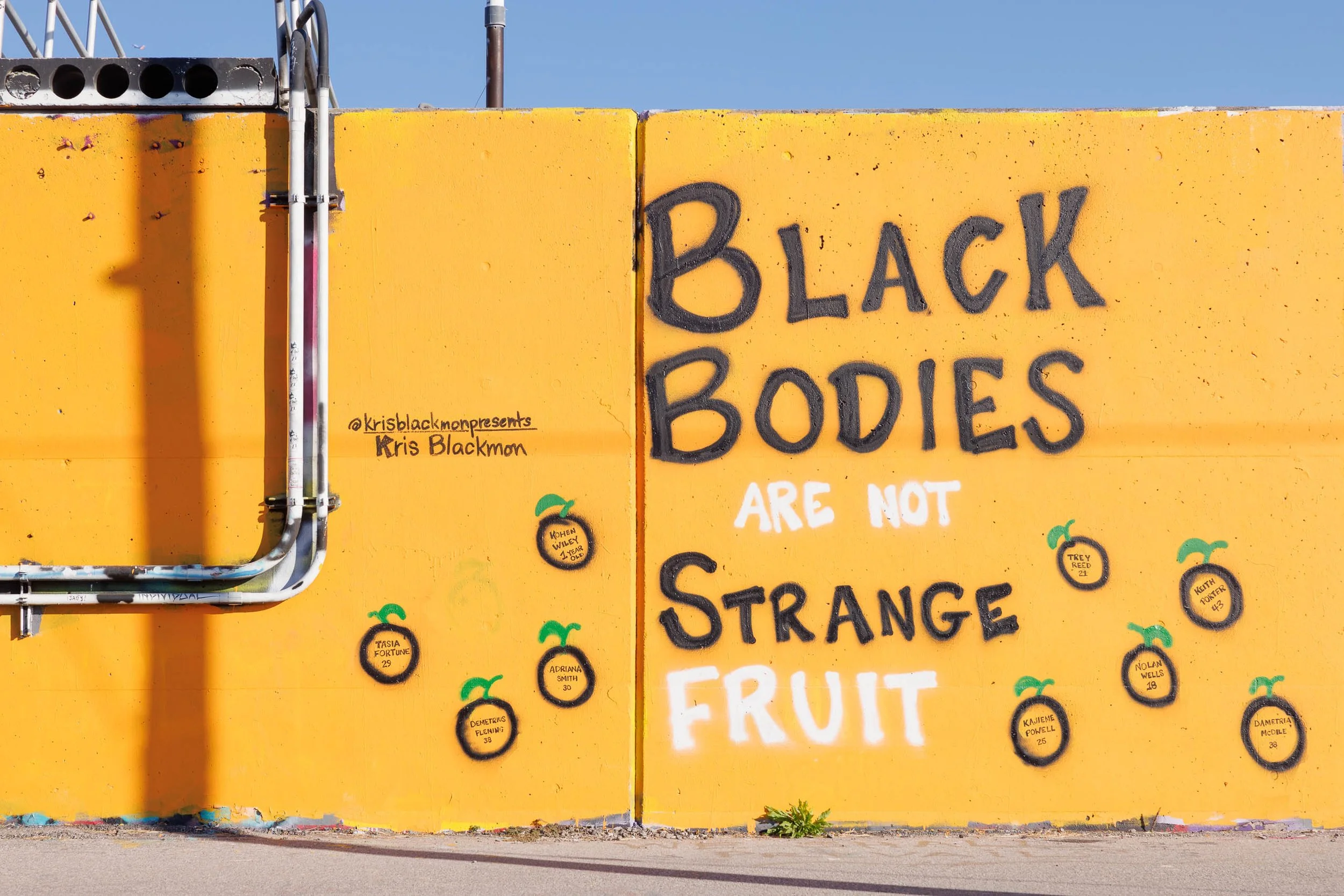 Large marigold-yellow mural wall in St. Louis with black and white lettering reading Black Bodies Are Not Strange Fruit and nine black-ringed circles with green stems.