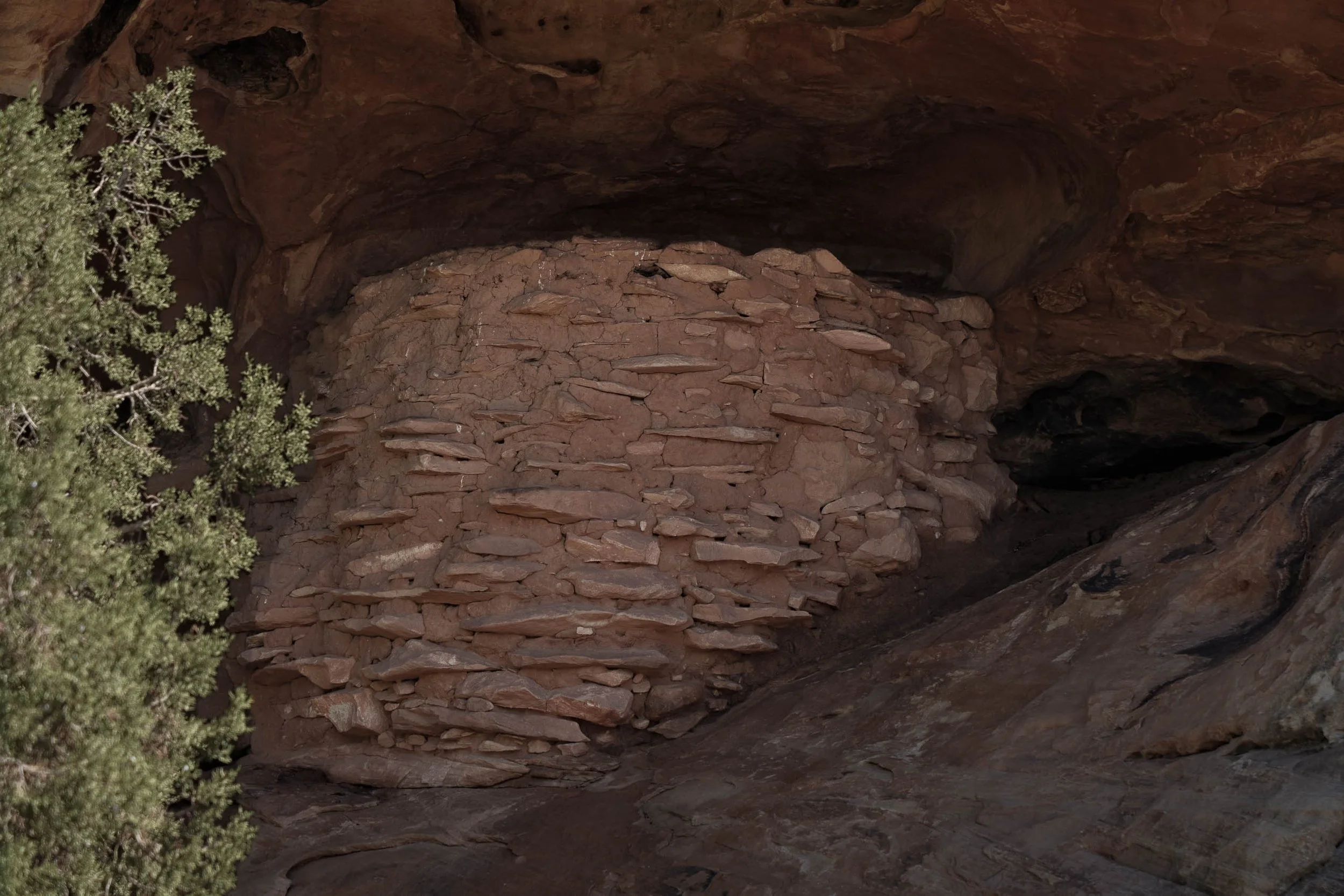 Hand-stacked sandstone masonry wall in an alcove beneath a red rock overhang, with a juniper at left, American Southwest