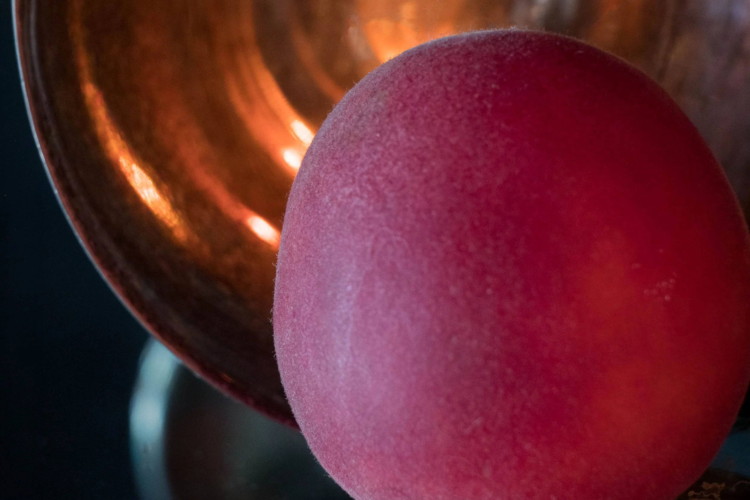 Close view of a velvet-skinned plum pressed against a wine glass with warm orange light glowing inside the glass