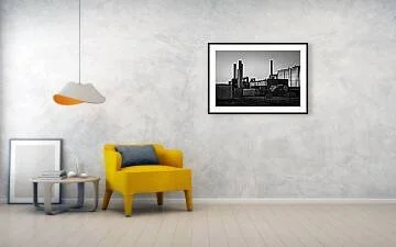 Plant, Dusk – black and white fine art photograph of an industrial facility with smokestacks, ductwork, and corrugated steel siding at dusk