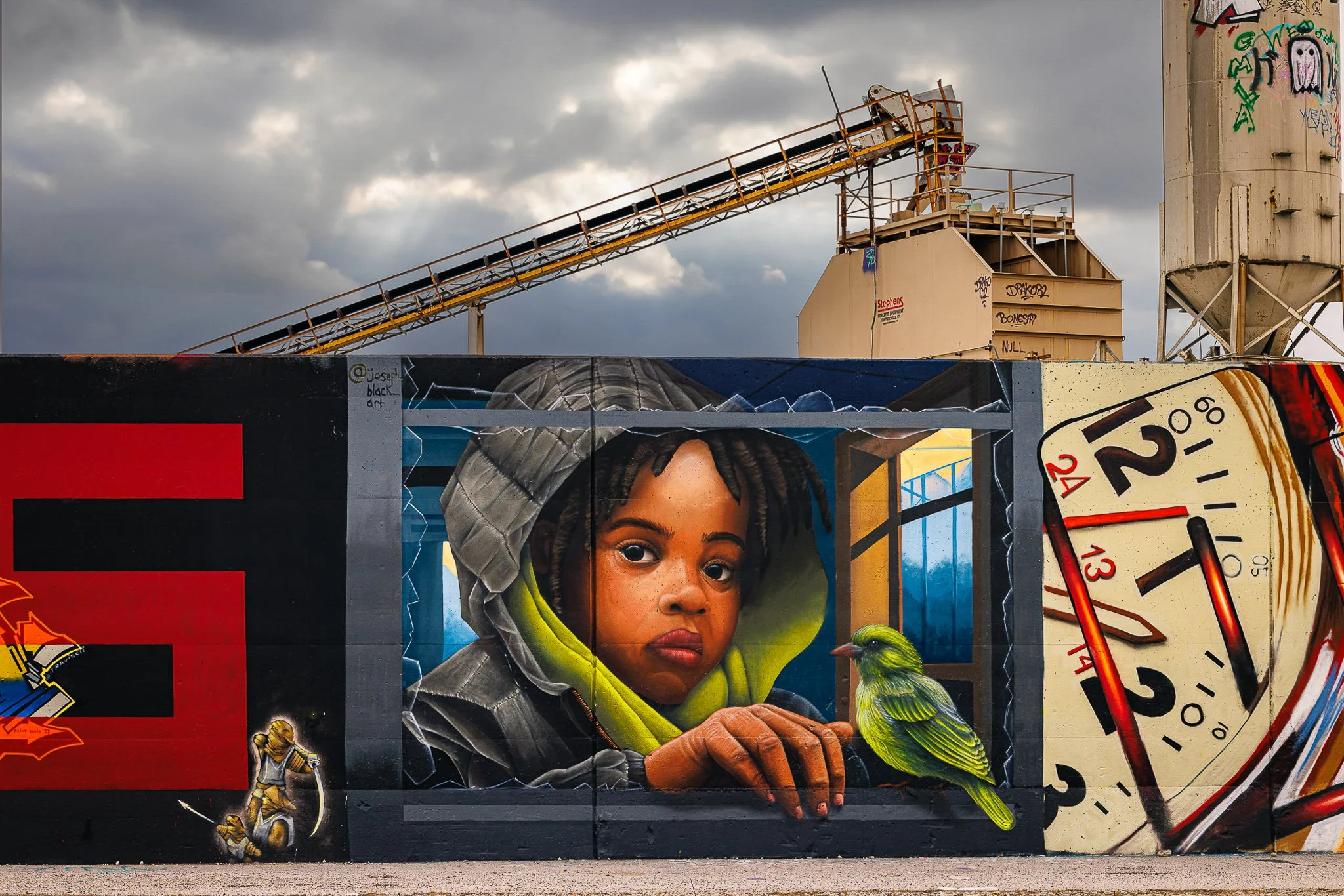 Urban mural featuring a realistic portrait of a young girl with braided hair wearing a yellow hoodie, holding a green parrot, against a cloudy sky background, with graffiti and various street art elements surrounding.