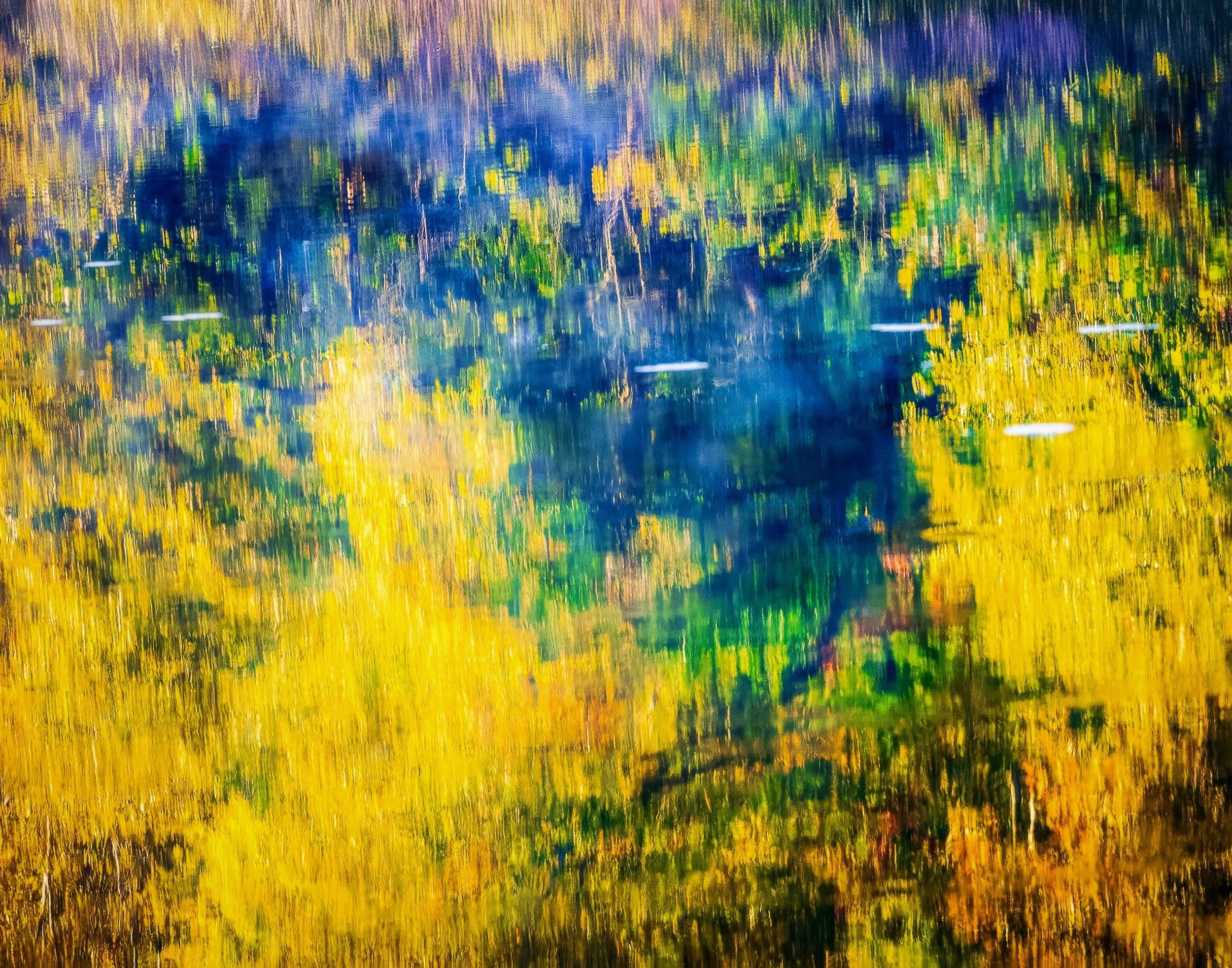 A painterly abstract fine art photograph of autumn reflections in water, featuring flowing ripples of vibrant gold, deep blue, and forest green.