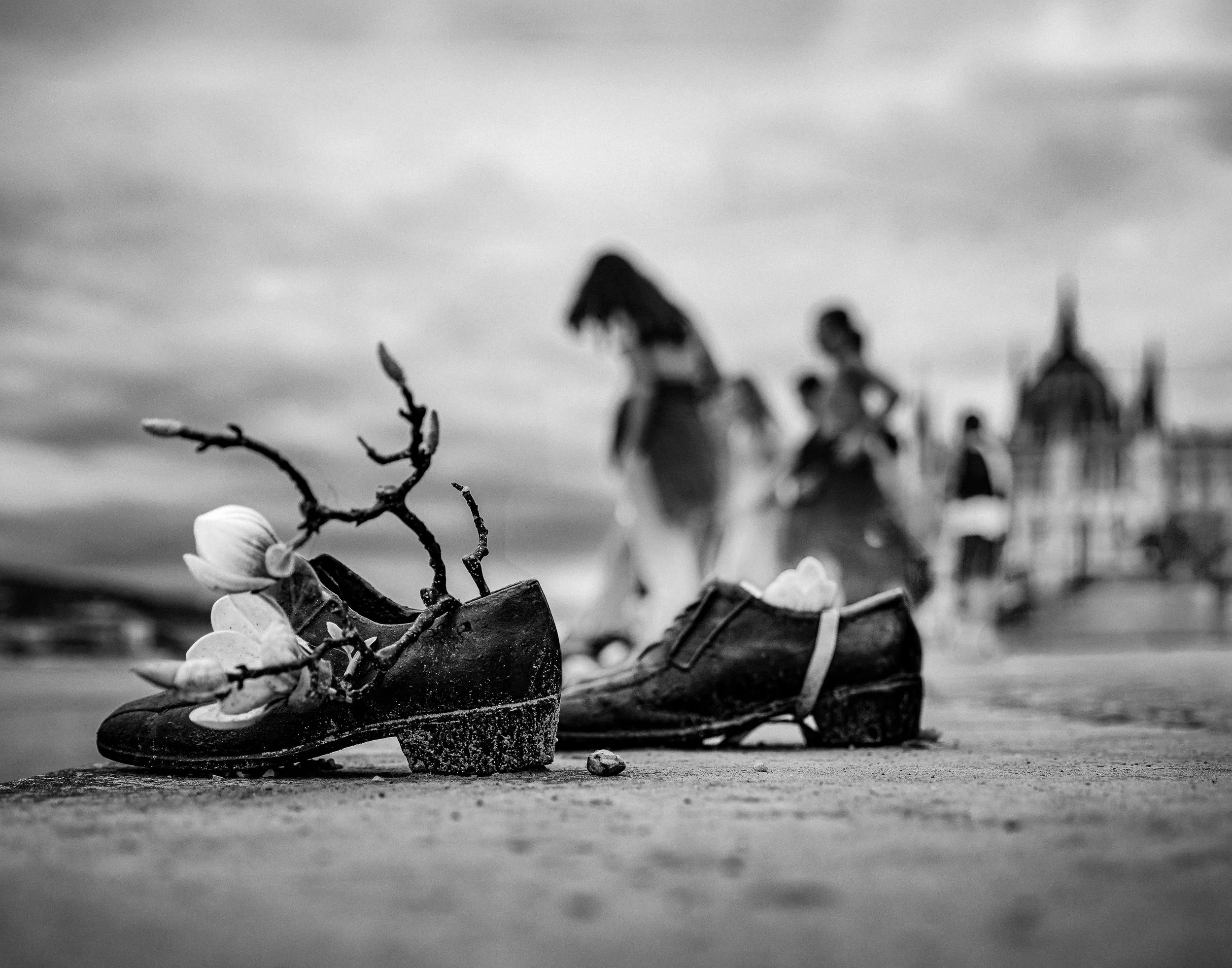 Minimalist fine art photography of the Holocaust memorial in Budapest. Featuring iron shoes on the riverbank, utilizing deep shadows and controlled light to explore themes of absence and memory.