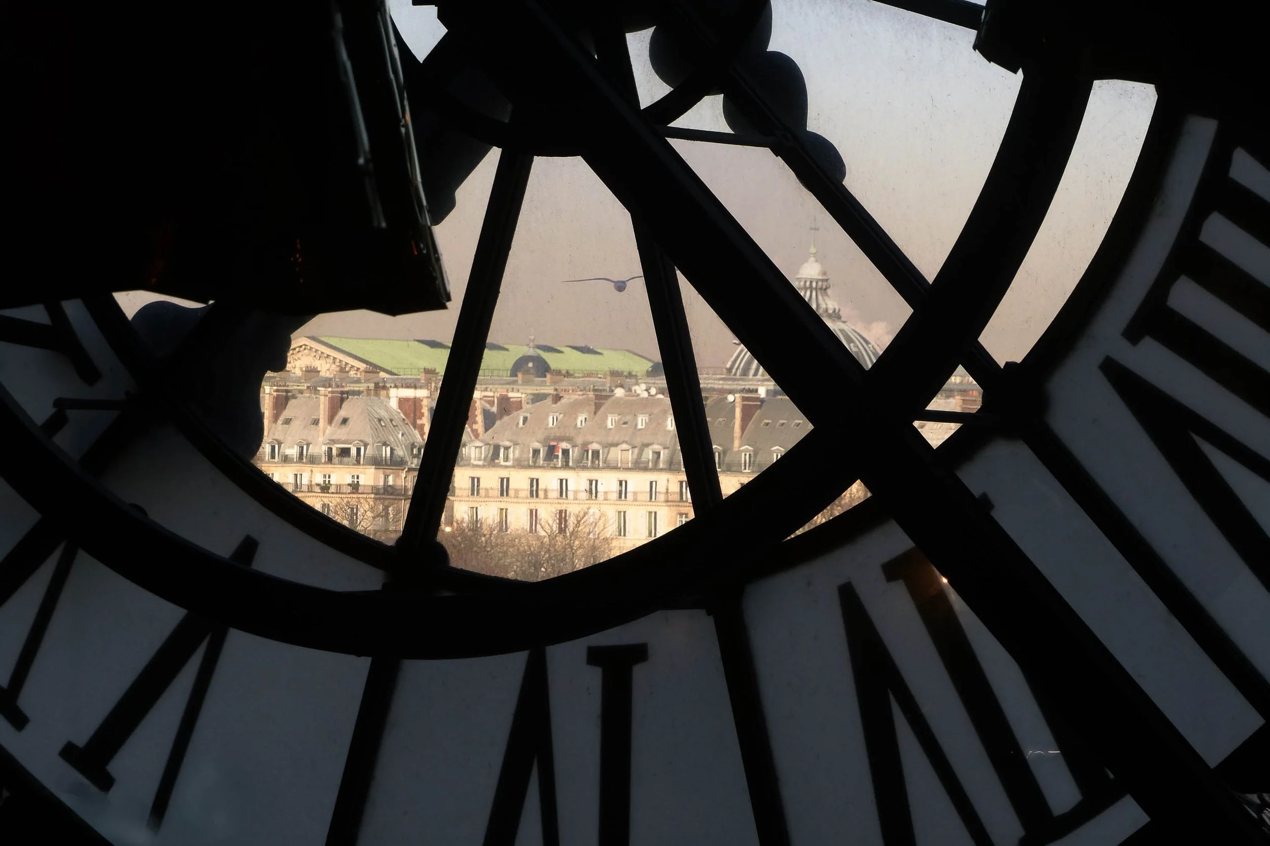 a seagull crosses the gap inside the great glass clock of the Musée d'Orsay, Paris.
