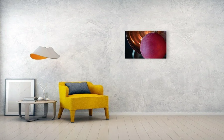 Velvet and Glass fine art print displayed above a yellow chair and small table