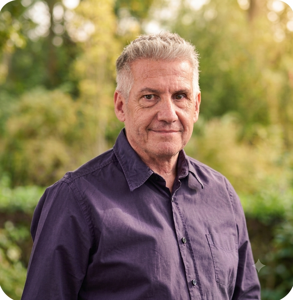 A middle-aged man with short, gray hair wearing a purple button-up shirt, standing outdoors in a lush green environment with trees and blurred foliage in the background.