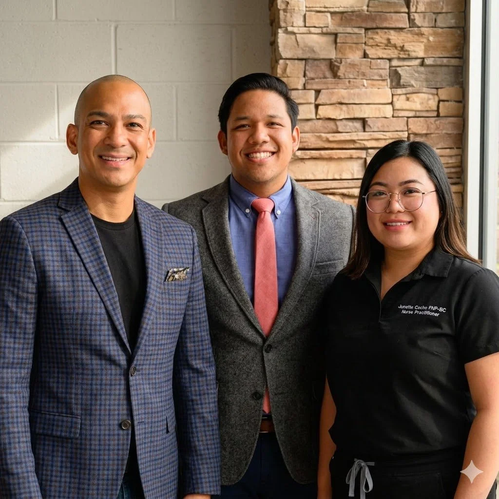 Three diverse professionals, two men and one woman, smiling indoors against a brick wall, dressed in business and nurse practitioner attire.