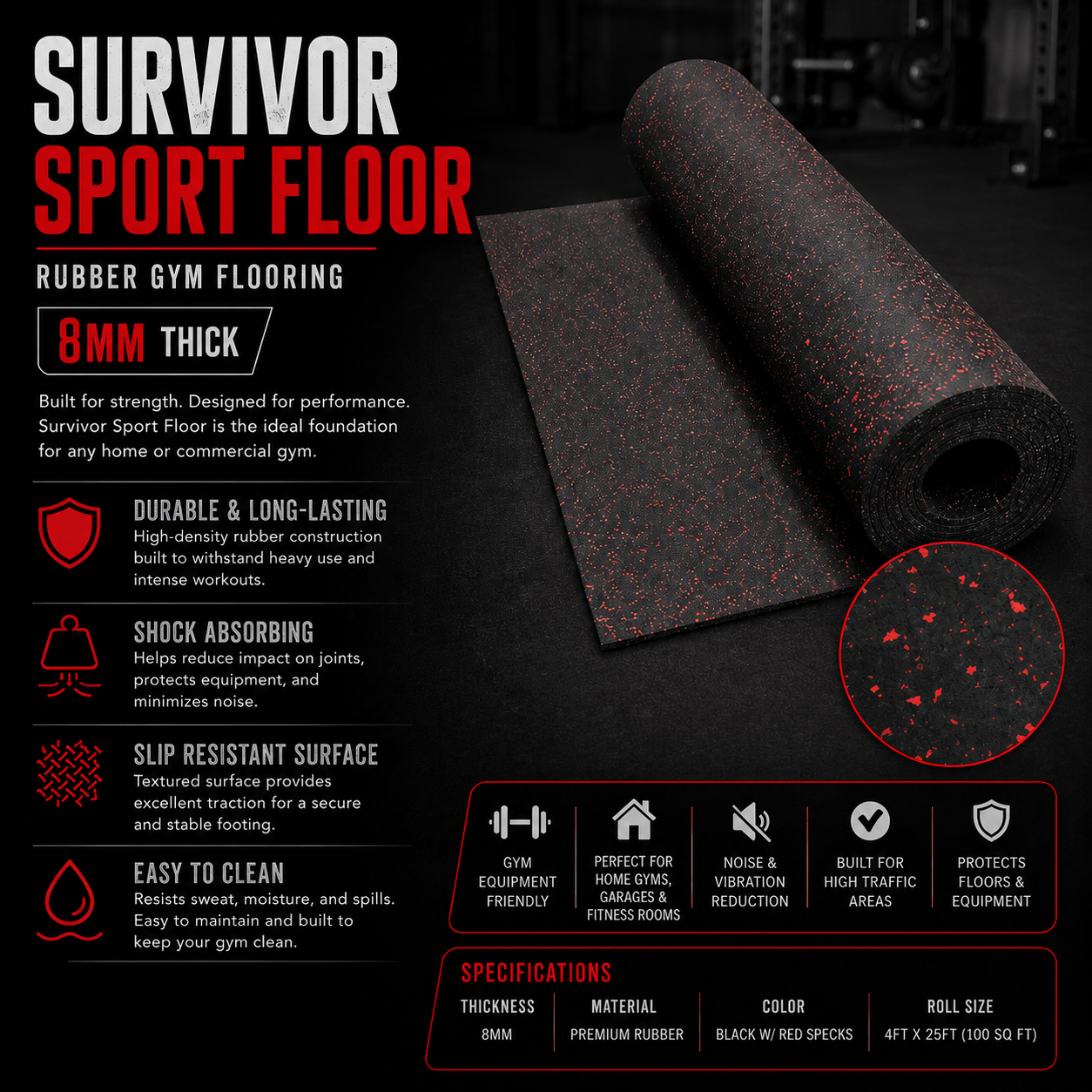 A promotional poster for Survivor Sport Floor, a rubber gym flooring, showing a roll of black flooring with red speckles, accompanied by features such as durability, shock absorption, slip-resistance, and easy cleaning, with specifications including 8mm thickness and premium rubber material.