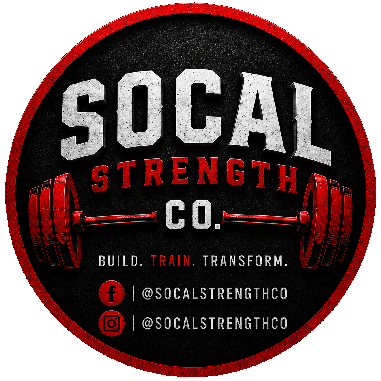 A circular logo for a fitness company named SoCal Strength Co. featuring a red barbell image, bold white and red text, and social media icons with handles for Facebook and Instagram.