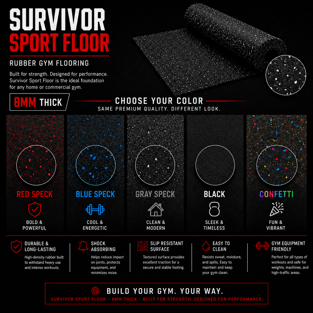A product advertisement for Survivor Sport Floor, a black rubber gym flooring with speckled color options. The image highlights five color choices: red speck, blue speck, gray speck, black, and confetti. Features include durability, shock absorption, slip resistance, easy cleaning, and gym-friendly quality.