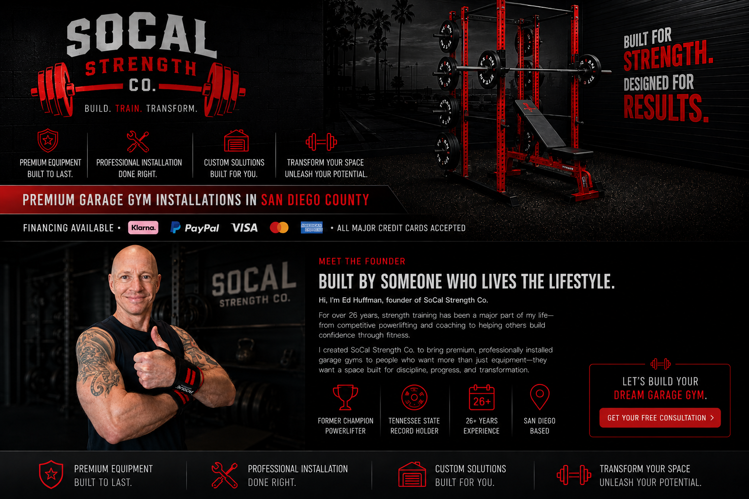 An advertisement for SoCal Strength Co. showing gym equipment, a man with tattoos giving a thumbs-up, and text promoting premium garage gym installations in San Diego County, with options for financing and a call-to-action for a free consultation.