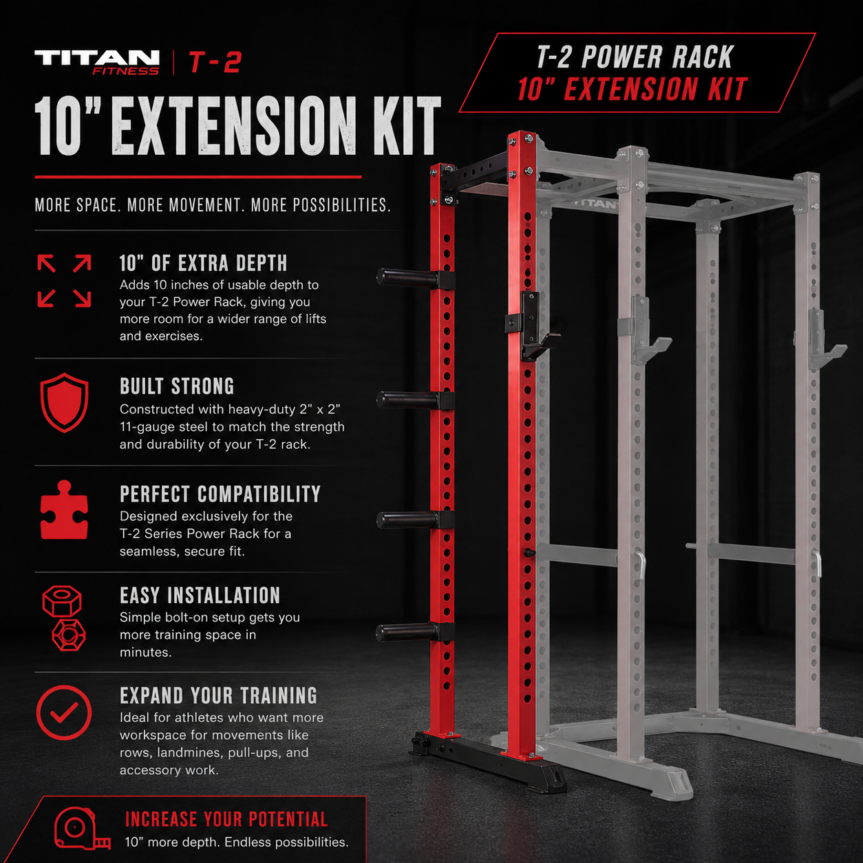 Promotional poster for Titan Fitness T-2 10-inch extension kit, showcasing a red and black power rack with features listed including added depth, strong construction, compatibility, easy installation, and training expansion.