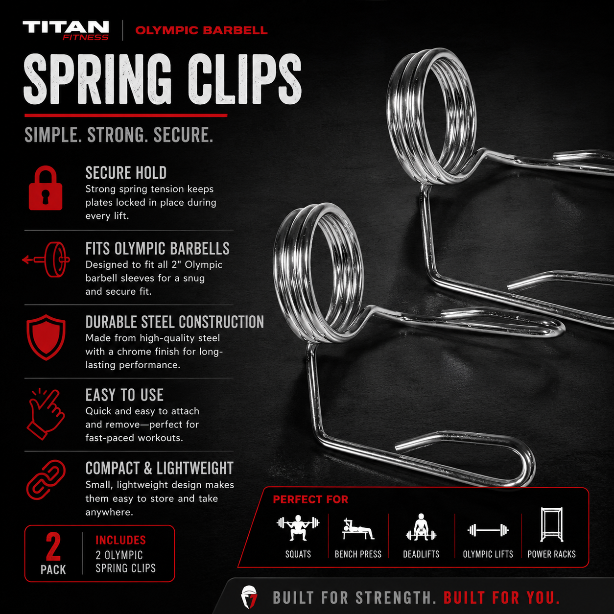 Poster advertising Olympic spring clips for weightlifting with features such as secure hold, durable steel construction, easy to use, and lightweight design, suitable for squats, bench press, deadlifts, Olympic lifts, and power racks.