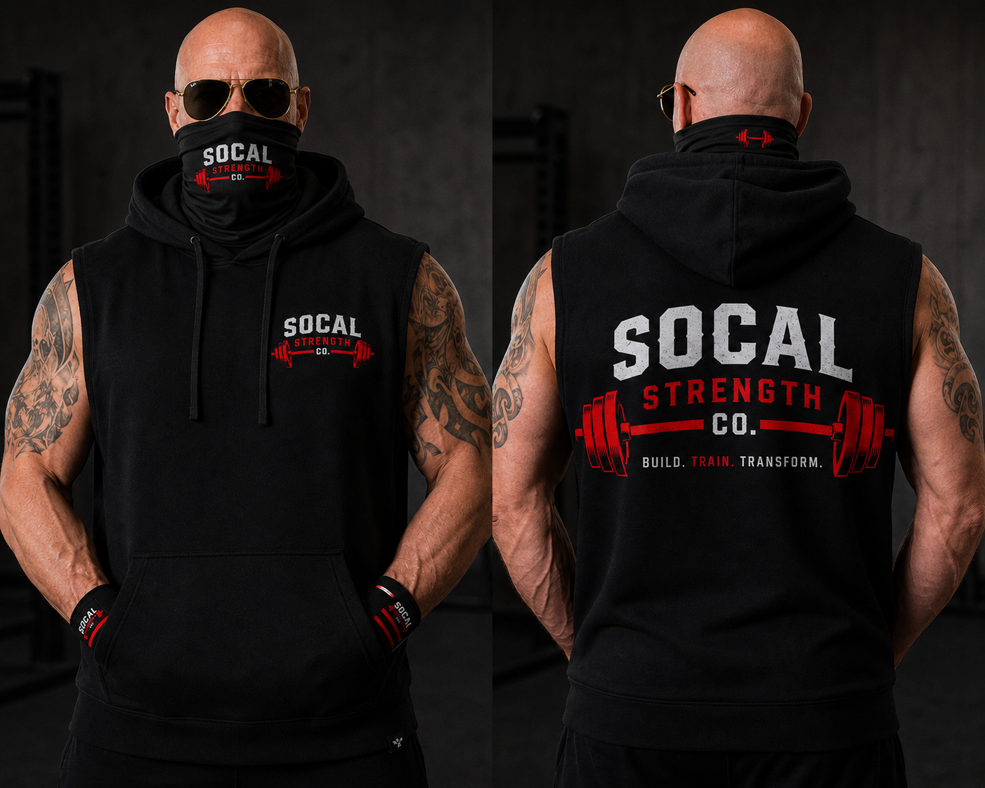 A muscular bald man wearing black sunglasses, a black sleeveless hoodie, and black gloves with red and white printed text and logos; front and back views showing "Socal Strength Co." logo with a barbell graphic and the slogan "Build. Train. Transform." in red and white.