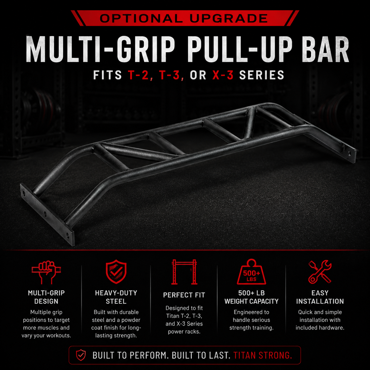 A black multi-grip pull-up bar with red and white text highlighting its features, and icons underneath describing its multi-grip design, heavy-duty steel build, perfect fit for certain series, 500-pound weight capacity, and easy installation.