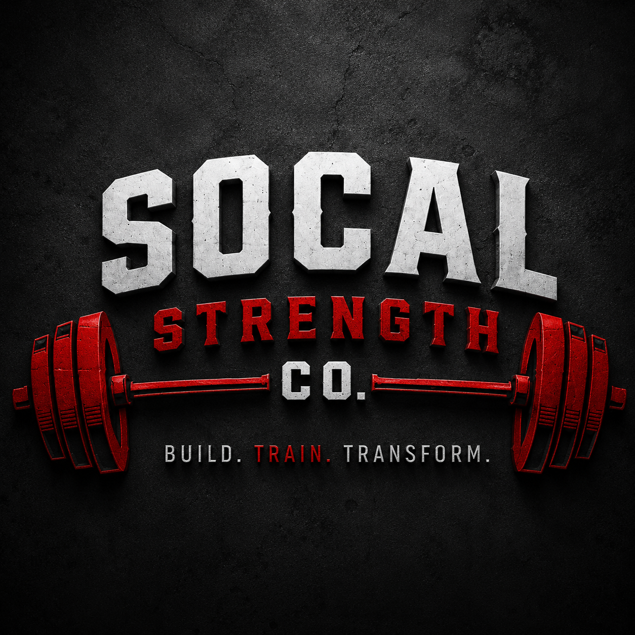 A logo for Socal Strength Co. with large gray text, a red barbell graphic, and a slogan 'Build. Train. Transform.' on a dark textured background.