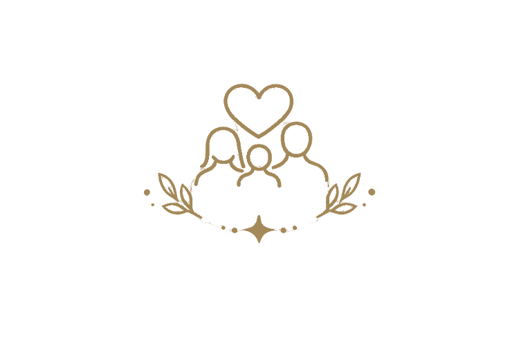 A decorative gold-colored line drawing of a heart above three stylized human figures, with smaller hearts and leaves surrounding the design.