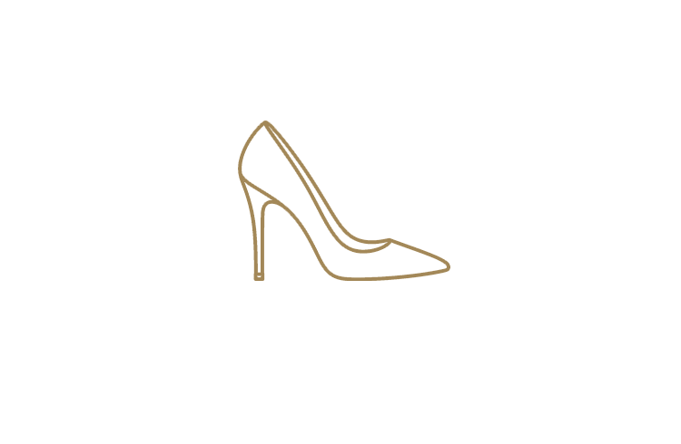 Line drawing of a high-heeled women's shoe in gold color with a pointed toe.
