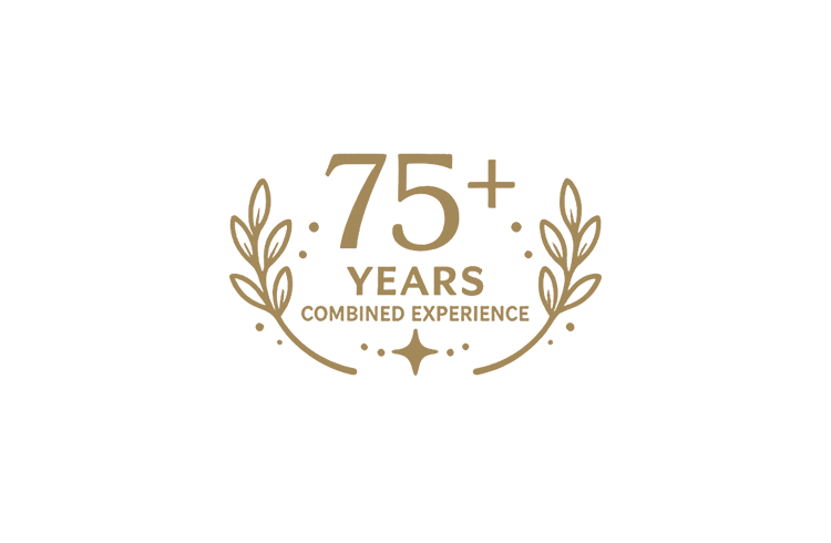 Decorative graphic celebrating 75+ years of combined experience with laurels and stars.