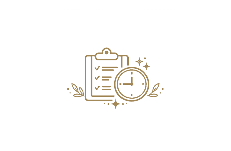Icon of a clipboard with checkmarks, a clock, and decorative leaves and sparkles