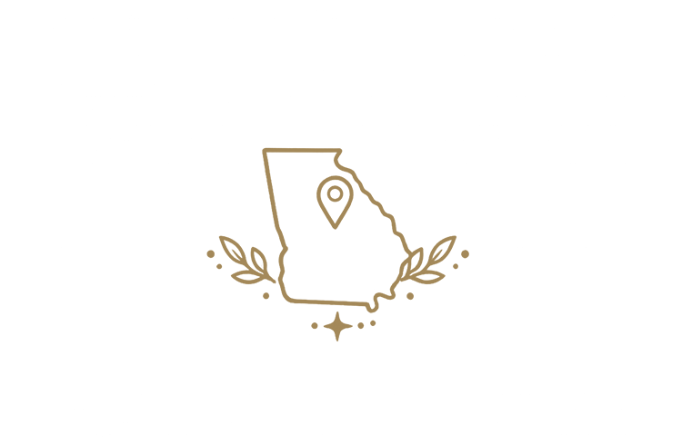 Map of Georgia with a location pin, surrounded by leaves and decorative stars.