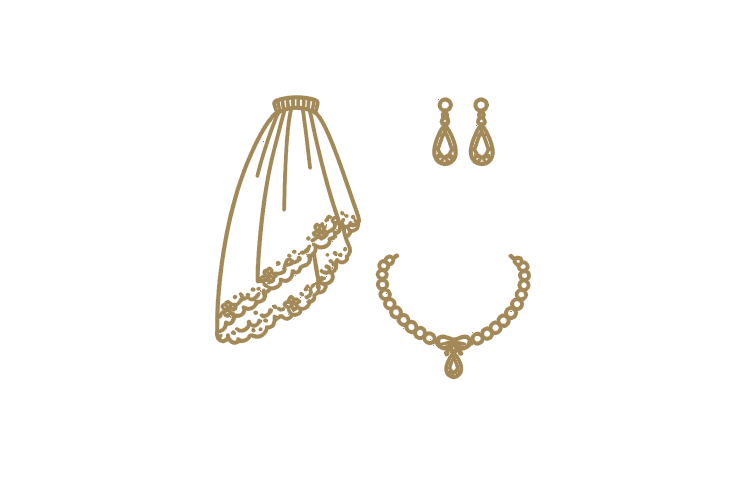 Gold jewelry set including a pair of dangle earrings, a necklace with a pendant, and a decorative umbrella with lace details.