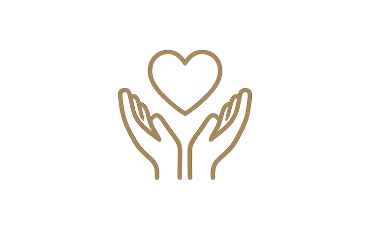 Outline drawing of two hands holding a heart above them, with the words 'Love and Care' above the image.