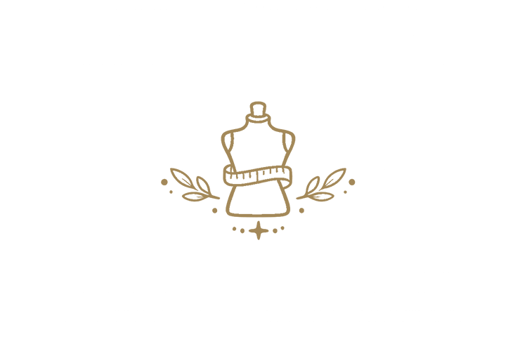 Logo for a fashion design company featuring a mannequin with a measuring tape, surrounded by decorative leaves and stars.
