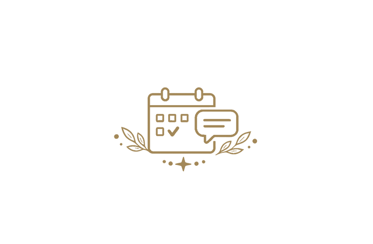 A stylized black and beige icon of a calendar with checkmarks and a speech bubble, surrounded by decorative leaves and stars, representing scheduling or planning.