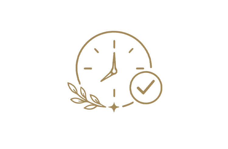 Clock showing 5 o'clock with a checkmark and laurel branches, symbolizing time management or appointment confirmation.