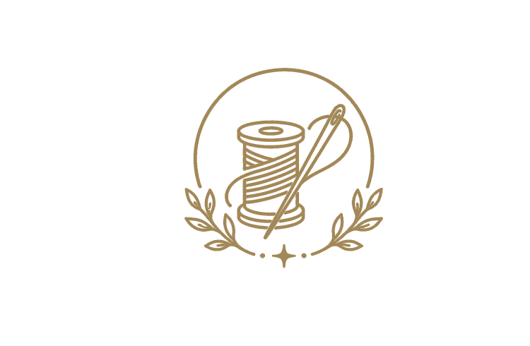 A logo featuring a spool of thread and a sewing needle, surrounded by laurel branches and a small star underneath.