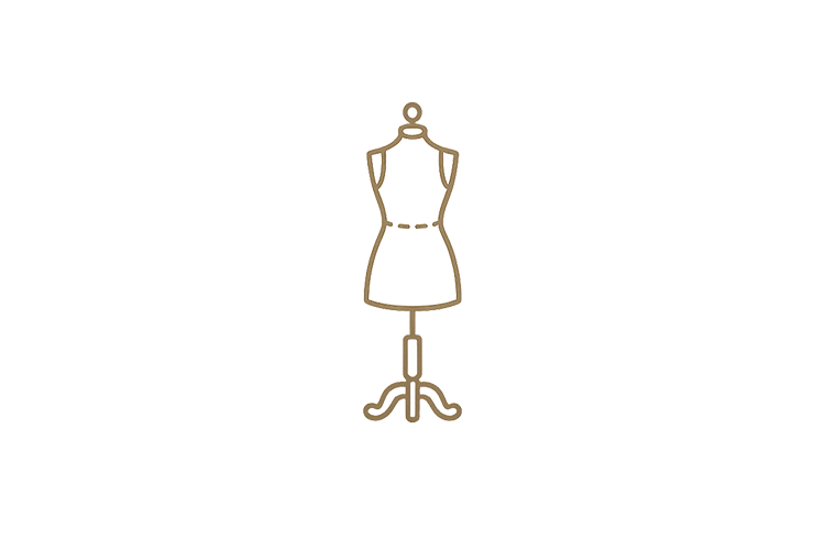 Line drawing of a mannequin on a stand with eyelet details at the shoulders and waist.