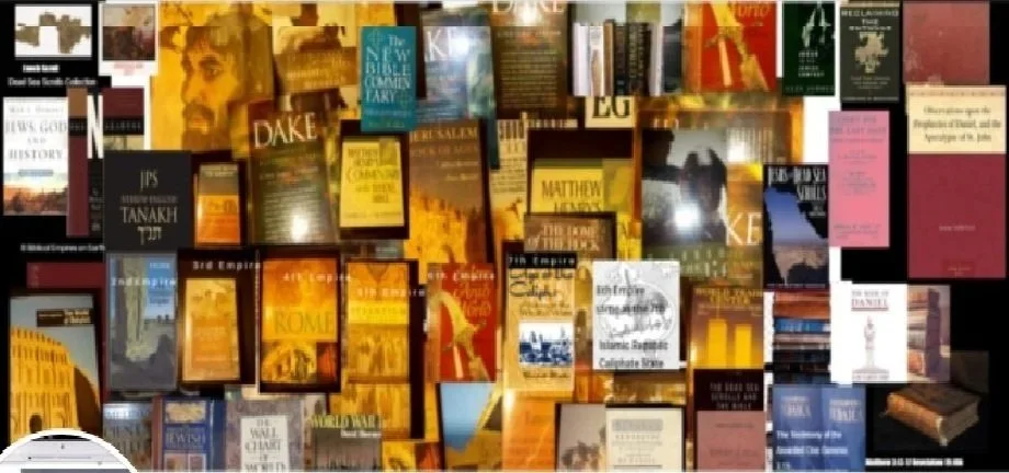 A collage of various books and literary posters displayed on a wall, with a mix of colors and titles.